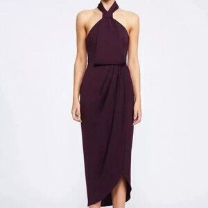 Shona Joy Core Knot Draped Halter Midi Dress Oyster Taupe Gray Sz 6